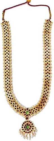 India4you Imination Gold Polished Brass with Kemp & Pearls Bharatanatyam Dance Temple Jewelry Long Necklace