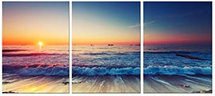 Canvas Wall Art Sunset Beach Sea Waves Painting- Modern Canvas Print 48" x 24" Landscape Nature Picture Artwork Framed for Living Room Bedroom Office Decor