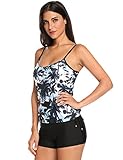 Ekouaer Womens Two Piece Swimsuit Sports Tankini Top Board Shorts Bikini Set (Black Coconut Tree, L)