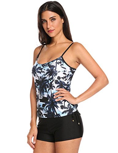 Ekouaer Womens Two Piece Swimsuit Sports Tankini Top Board Shorts Bikini Set (Black Coconut Tree, L) Ekouaer Womens Two Piece Swimsuit Sports Tankini Top Board Shorts Bikini Set (Black Coconut Tree, L)