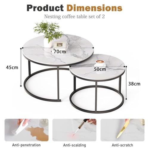 Zucng Nesting Tables Removable Set of 2 End Table, Round Coffee Tables with Gold Metal Frame Legs and Faux Marble Coffee Table Wooden for Living Room, Bedroom, Office, Balcony, Apartment (White)