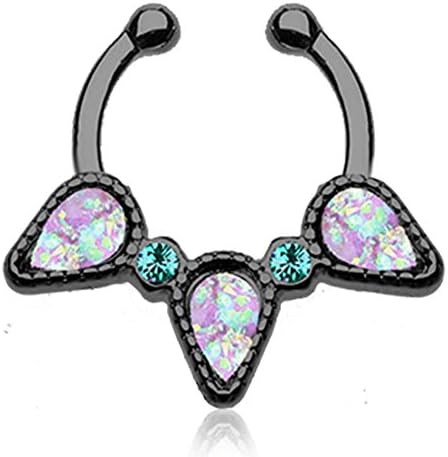 Colorline Opalescent Sparkle Trident Fake Septum Clip-On Ring - Color: Black/Teal