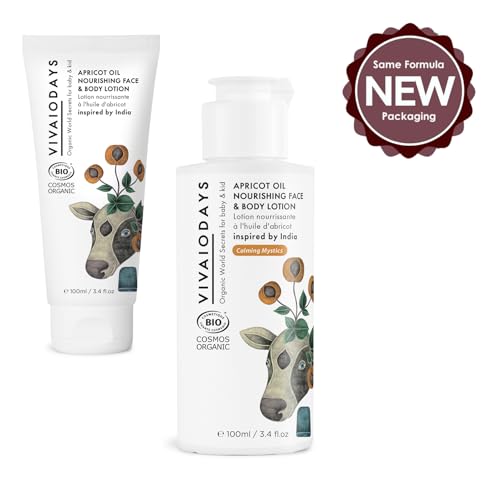 VIVAIODAYS Organic Apricot Oil Face & Body Lotion for Baby & Family, Travel-Size Moisturizer with Aloe & Olive Oil, Gentle Hydration for Sensitive Skin, 3.4 fl. oz.