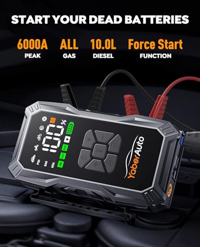 YaberAuto 10-in-1 Jump Starter with Air Compressor 6000A 150PSI Car Battery Jump Starter (All Gas/10L Diesel) 12V Jump Box Car Battery Jumper Starter Portable Jumper Cables, 150W DC, Gloves, Lights