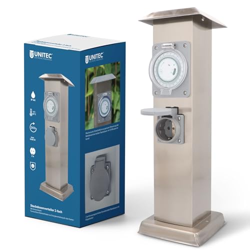 Unitec Colonna in acciaio inox con timer e 2 prese Schuko, senza cavo, per esterni, IP44, argento