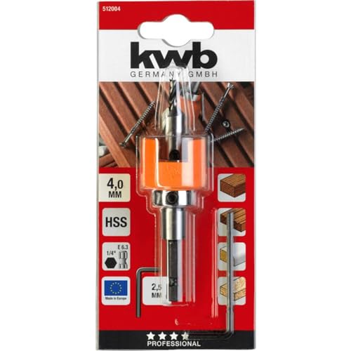 kwb Hardwood Drill Ø 4 Mm Made Of Hss-M2 With Countersink, Adjustable Depth Stop and 1/4 Hexagonal Shank