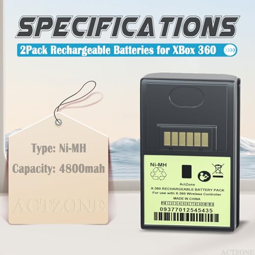 ActZone 2pcs 4800mAh Rechargeable Ni-MH Battery Compatible with Xbox 360 Controller