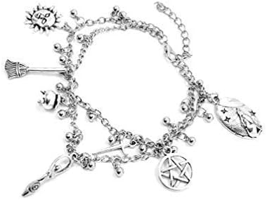 Eclectic Shop Uk Pagan Wiccan Ankle Anklet Wrist Double Chain Charm Bracelet Bead Silver Tone Goddess Hare Athame Pentacle Broom Besom Charms