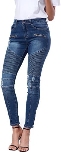 KAITUOZHE Women Ripped High Waisted Dark Blue Stretch Skinny Pleated Punk Motorcycle Patchwork Vintage Petite Jeans
