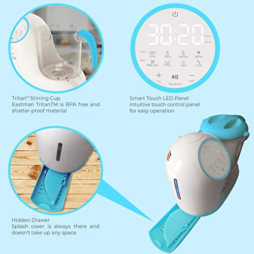 Baby Food Maker Chopper Grinder - Mills and Steamer 8 in 1 Processor for Toddlers - Steam, Blend, Chop, Disinfect, Clean, 20 Oz Tritan Stirring Cup, Touch Control Panel, Auto Shut-Off, 110V Only, Blue