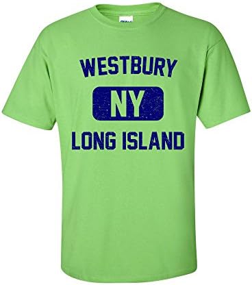 Westbury Long Island NY Distressed Print Retro Phys Ed Mens T-Shirt (Navy Blue Print)
