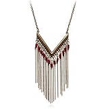 Bohemian Vintage Red Beads Gold Long Tassel Pendants Necklace Jewelry For Women Single V Shaped Punk