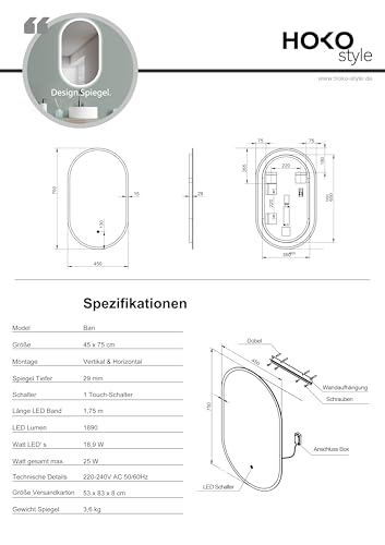 HOKO® Oval LED Design Mirror, 45 x 75 cm, High + Horizontal Mount, Illuminated Bathroom Mirror, Also as Vanity Mirror