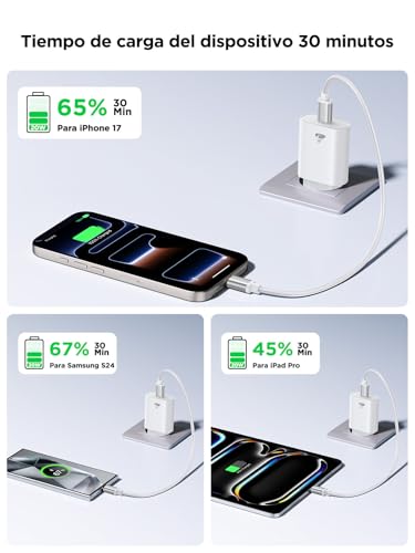 Aioneus Cargador USB C 20W, 2Pack Cargador iPhone Carga Rapida PD 3.0 Enchufe USBC Cabezal Cargador Tipo C Adaptador Carregador Cargador para iPhone 17 16 15 Pro MAX 14 13 12, Samsung S26 S25 S24,iPad