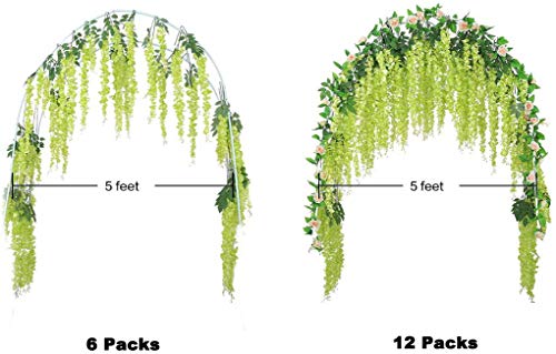 12pcs Artificial Wisteria Flowers 3.6 Feet/Piece Green Artificial Fake Wisteria Vine Ratta Hanging Garland Silk Flowers String Home Party Wedding Decor（Green-Dense）