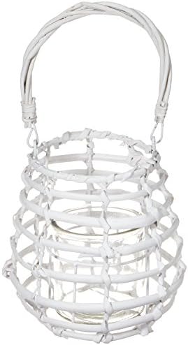 Heitmann DECO White Rattan and Glass Lantern with Handle, 19.5 x 7 x 20.5 cm