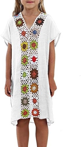 Mesitelin Girls Floral Crochet Bathing Suit Cover up Maxi Beach Dress(100,White)