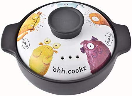 Lotus Blue 3-Quart Cartoon Pattern Ceramic Round Black Dish Casserole/Clay Pot/Earthen Pot/Ceramic Cookware With White Monster Lid Heat-Resistant Gift Box