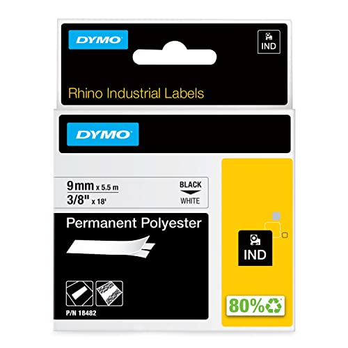 DYMO Rhino Industrie Permanente Polyesteretiketten | 9 mm x 5,5 m | Schwarz auf Weiss | selbstklebendes Schriftband | fuer DYMO Rhino und LabelManager Beschriftungsgeraet