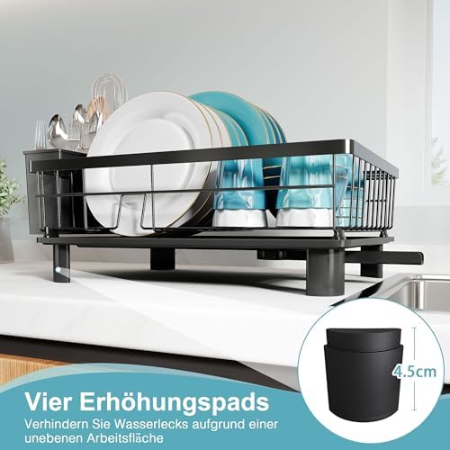 Abtropfgestell Geschirr aus Edelstahl mit Abtropfschale, Schwarz
