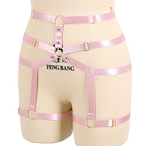 Goth Body Harness Garter Belt Stockings for Women Sexy Lingerie Elastic Suspender Belt for Women (Pink)