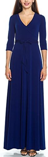 KLKD Women's Solid Self-tie Surplice Maxi Faux Wrap Dress Made in U.S.A.