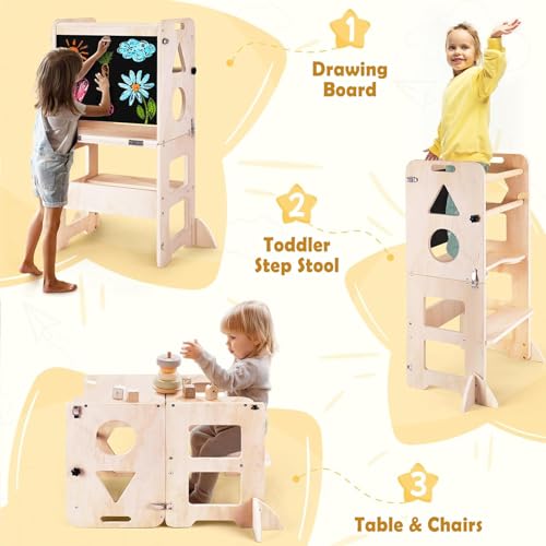 Toddler Kitchen Step Stool, Foldable Kid Learning Standing Tower with Blackboard, 4-in-1 Wooden Stool Helper for Kids, Natural 43 * 32 * 88Cm