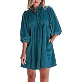 Opemiby Womens Casual Dresses Corduroy Button Up Empire Waist 3/4 Sleeve Fall Winter Mini Babydoll Dress