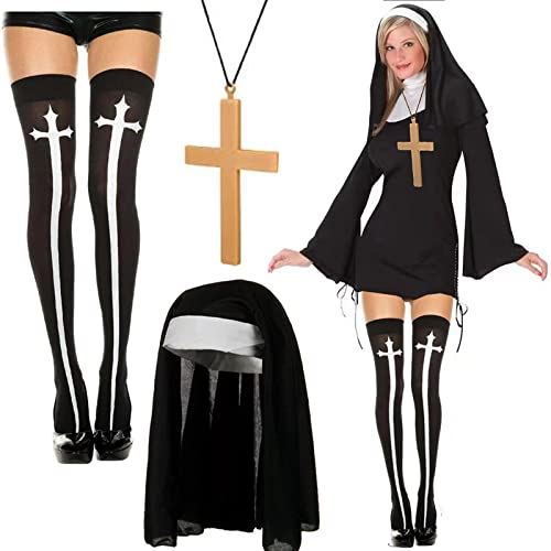 eyigylyo Halloween Nun Costume Accessories for Women, Catholic Nun Costume Hat Gold Cross Pendant Necklace Knee Thigh High Stockings for Halloween Cosplay Party at Amazon