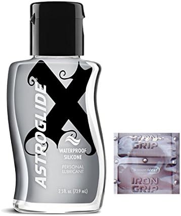Astroglide X Premium Silicone Personal Lubricant 2.5 oz + 12 Count Caution Wear Iron Grip Condoms Snugger Tighter Fit Smaller Size