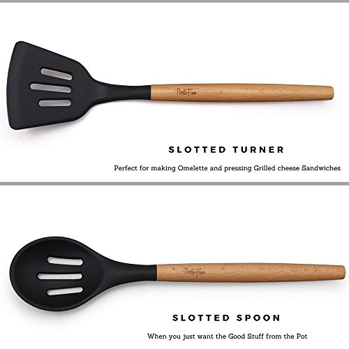 PortoFino 5 Pc. Kitchen Utensil Set / Premium Natural Beech Wood & Silicone / Home Cooking Utensils / Wooden Food Prep Tools / Soup Ladle, Slotted Spoon, Solid Spoon, Turner, Large Spatula