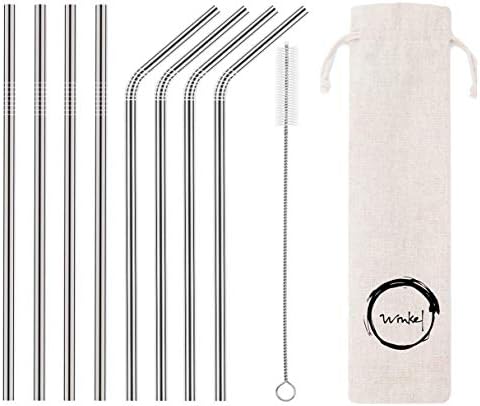 WINKEL Set 8 Stainless Steel Straws Ultra Long 8.5 Inch Reusable Drinking Metal Straws for Cold Beverage (4 Straight|4 Bent|1 Brush|1 Pouch) Silver