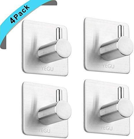 Yegu 3M Self Adhesive Hook 4 Pack SUS304 Stainless Steel Brushed Nickel Robe Towel Coat Hanger Key Rack Garage Storage Organizer Stick On Sticky Bathroom Kitchen Wall Mount Heavy Duty