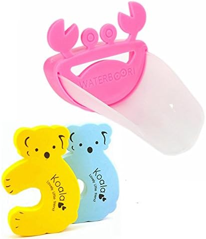 Foyou Sink Handle Faucet Extender + 2 Pcs Set Finger Guard Door Stopper for Babies, Toddlers and Kids ( Crab Pink + Transparent )