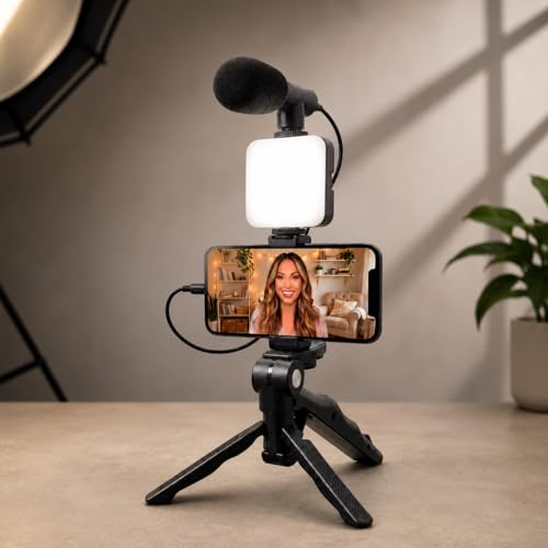 Kit de Gravação Completo com Tripé, Luz LED e Suporte para Celular – Ideal para Vlogs, Lives e Vídeos Profissionais Tripé com Luz LED e Microfone para Celular – Kit Vlogging Profissional Premium