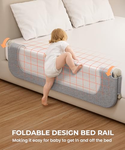 NBHOOHOO Toddler Bed Rail 71 Inch - Foldable Swing Down Bed Rails for Toddlers, Gap Free Double Crossbar Safety Bed Guard Rail for Kids, No Tool Install Fence for Twin Full Queen King Beds, Grey