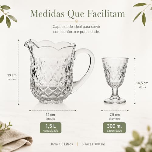 Jogo de Jarra e Taças de Vidro 7 Peças 1,5L com 6 Taças 300ml HABITARA HOME