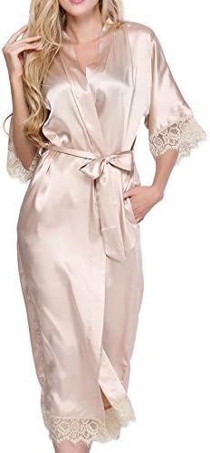 Caffia Women's Lace Trim Kimono Robe Satin Long Sleepwear Nightgown