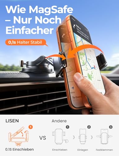 LISEN Snapmount Mobile Phone Holder Car - [Roll Design] [0.1 Second Glides In] Mobile Phone Holder Car with Vacuum Suction Cup, 360° Rotatable Car Mount for iPhone 17 Pro Max & Android with Thick