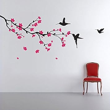 Decals Design Humming Birds and Blossoms Wall Sticker (PVC Vinyl, 50 cm x 70 cm, Multicolour)