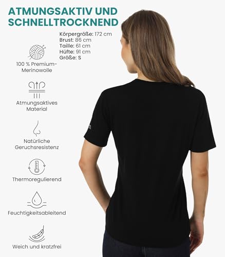 Merino.tech 100% Merino T Shirt Damen - Merinowolle Sport Wandern Thermoshirt Damen + Wandersocken (Medium, Black Crewneck) thumbnail 2