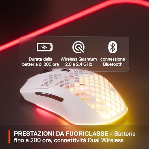 Aerox 3 Wireless - Mouse Gaming - RGB traforato - Design ultraleggero e resistente all'acqua - Sensore ottico TrueMove Air da 18K DPI - Snow