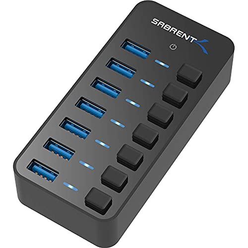 SABRENT USB Hub aktiv 3.2x1, mit netzteil 36W 7port, USB Adapter mehrfach Verlängerung, USB Verteiler, Powered USB hub, langes Kabel mit EIN/AUS-schal