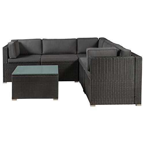 Juskys Polyrattan Gartenmöbel-Set Nassau wetterfest - Lounge mit Ecksofa, Tisch & Auflagen - Gartenlounge für 5 Personen - Sitzgruppe Schwarz-Grau – Bild 8
