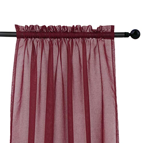 Anjee Sheer Window Curtains, Rods Pocket Voile Fabric Drapes/Panels/Treatments for Living Room/Kitchen/Bedroom, 52” x 96”, Set of 2, Red