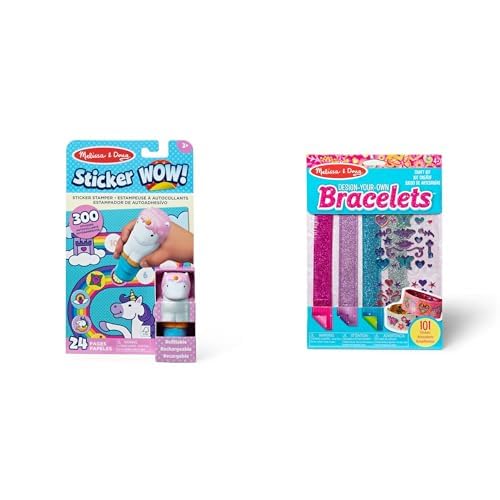Melissa & Doug Kids Activity Bundle: Sticker Wow! 24-Page Unicorn Activity Pad with 300 Stickers & Design-Your-Own Bracelets Set with 100+ Sparkle Gem Stickers