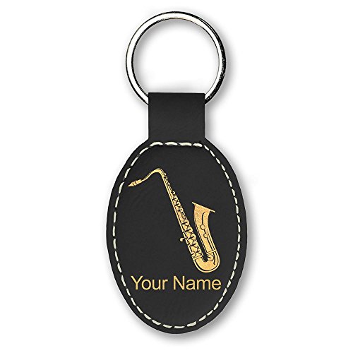 Oval Keychain, Saxophone, Personalized Engraving Included (Black) - Thumbnail 2