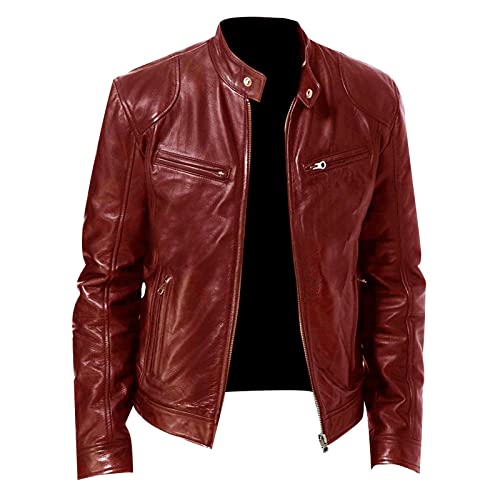 Men's Faux Leather Jacket Vintage Stand Collar Motorcycle PU