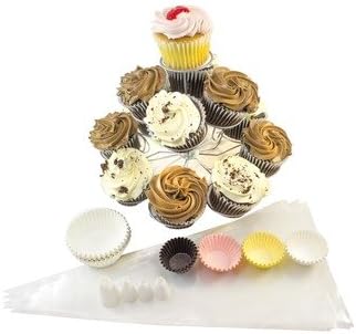 3 Tier Display Cupcake Stand with Standard and Miniature Cupcake Liners and Cupcake Decorating Set (13 Cupcake Capacity)