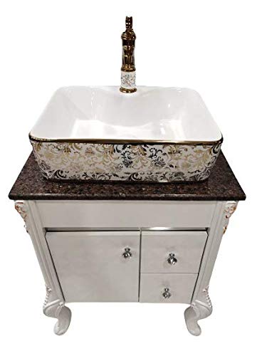 3gdecor New Elegant Design Waterproof Wooden Pvc Coated And Marble Bathroom Table Top Golden Washbasin Cabinet Vanity 24 Inch 60cm With Basin Mixture Tap Faucet And Pop Waste Jalli Complete Set